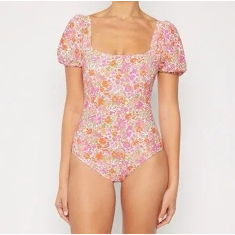Marina West Pink Orange Green Floral Puff Sleeve One-Piece Swimsuit Size Medium